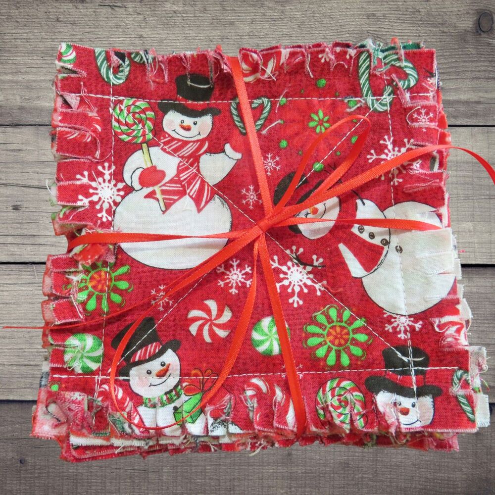 Rag Quilt Coasters, Set of 4, Reversible Christmas Snowmen and Penguin Mug Rugs